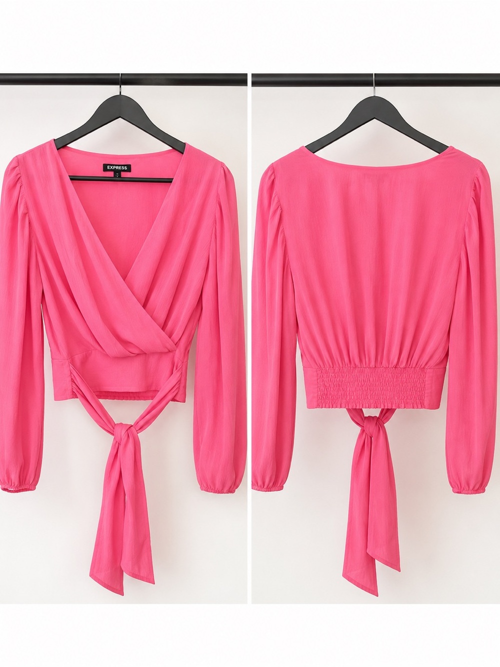 Express Vibrant Pink Long-Sleeve Wrap Tie-Back Blouse